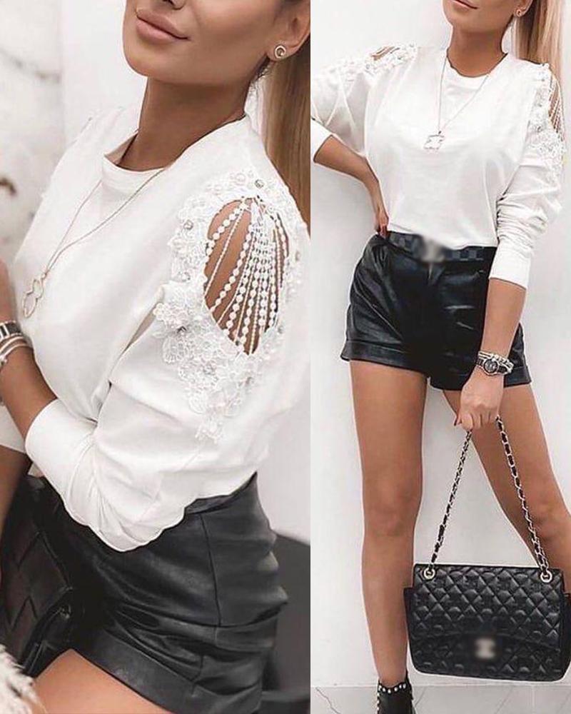 

Contrast Lace Cutout Long Sleeve Top, White