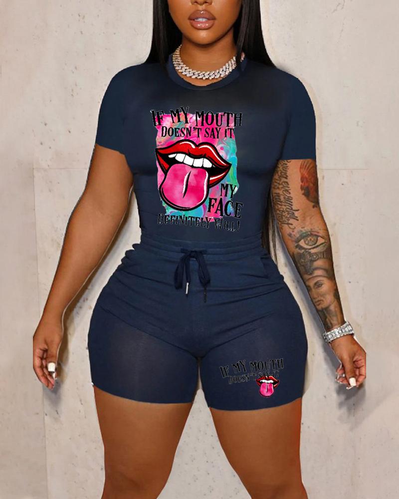 

Lip Graphic Print Top & Drawstring Shorts Set, Purplish blue