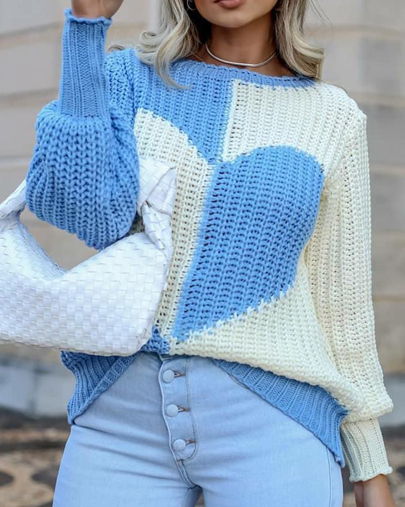 

Heart Pattern Colorblock Knit Sweater, Blue