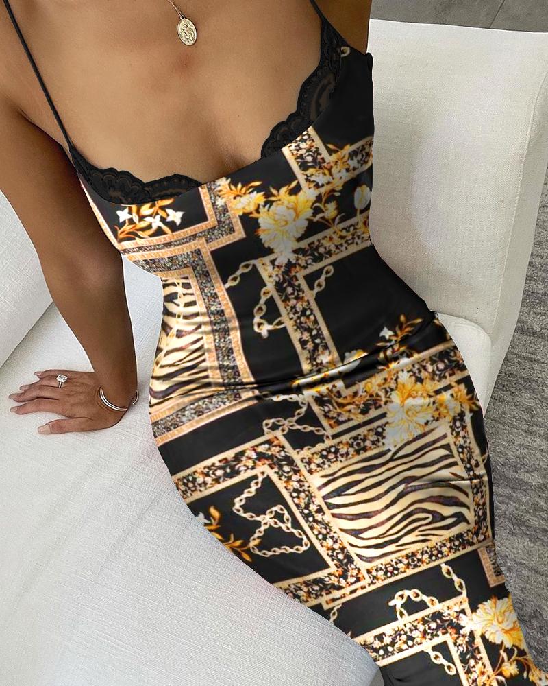 

Sleeveless Sling Bodycon Dress Lace Trim Floral Print Patchwork Skinny Dress, Black