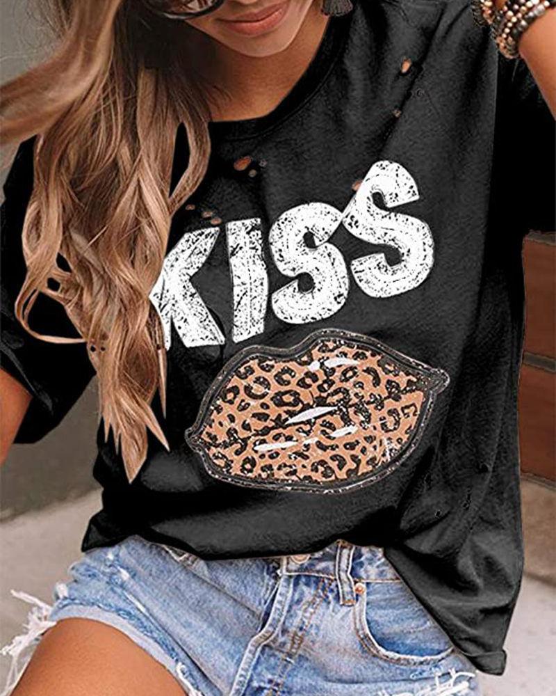 

Women' Vintage Letter Kiss Leopard Lip Print Round Neck Casual T-shirt, Black