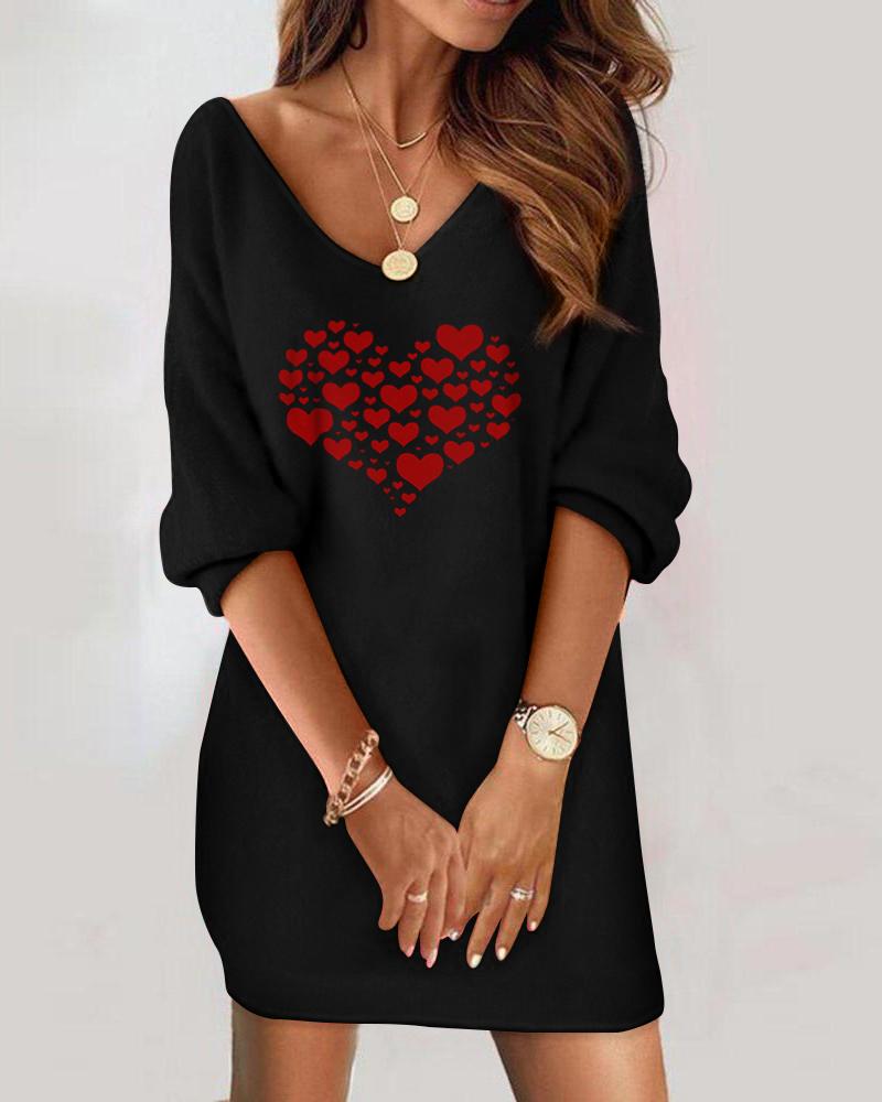 

Valentine' Day Heart Print V-Neck Casual Dress, Black