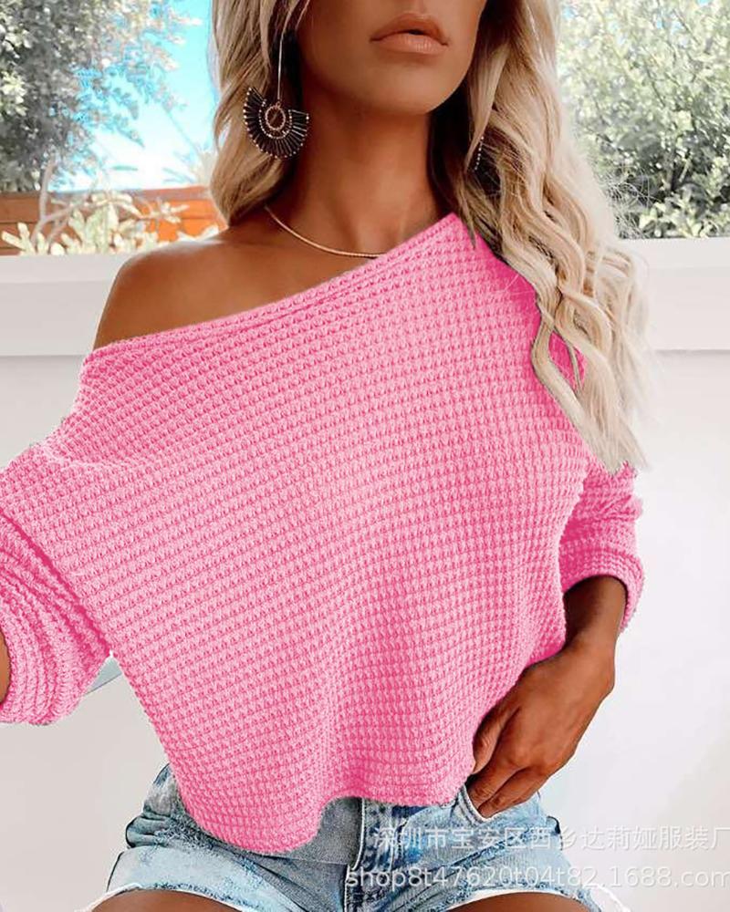 

Solid Long Sleeve Casual Knit Sweater, Pink