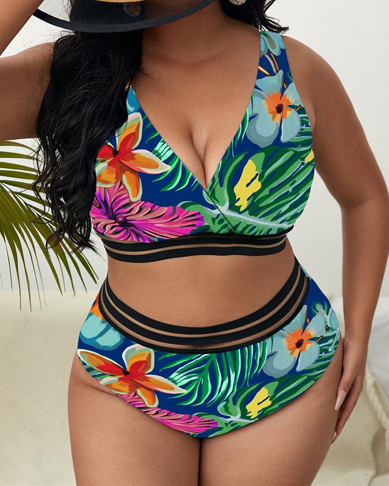 

Plus Size Tropical Print Contrast Mesh Bikini Set, Blue