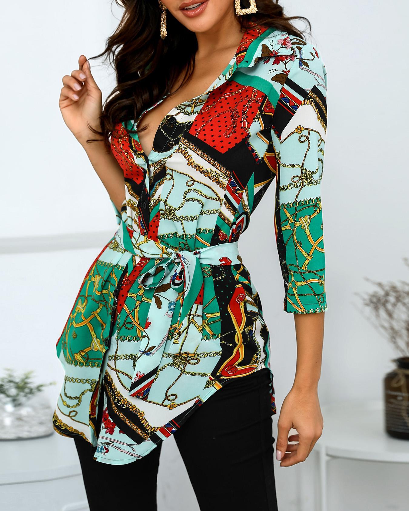 

Scarf Print Tied Waist Curve Hem Shirt, Multicolor