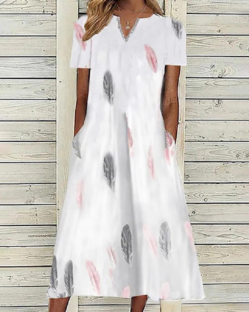 

Feather Print Notch Neck Casual Dress, White