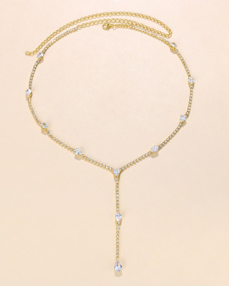 

1pc Geometric Rhinestone Zircon Tassel Necklace, Gold