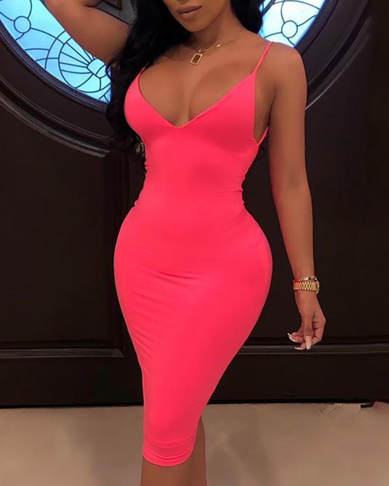 

V-Neck Sleeveless Fluorescence Color Sling Dress, Hot pink