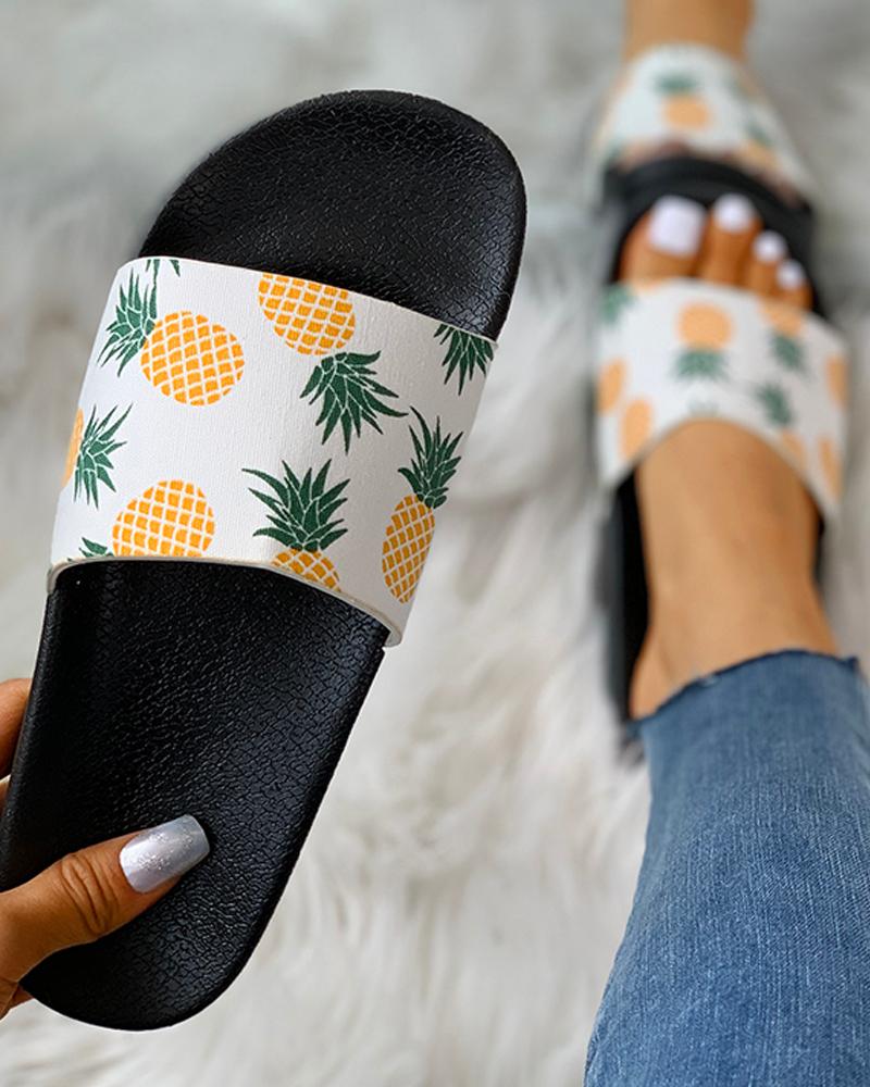 

Pineapple Pattern Open Toe Flat Slider Sandals, Black