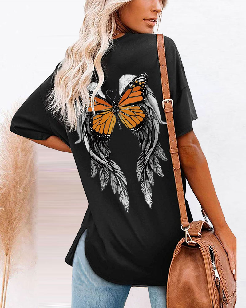 

Butterfly Angel Wings Print Split Hem T-shirt Oversized Graphic Tee, Black