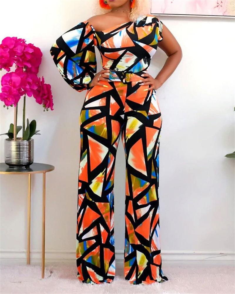 

Geometric Print Asymmetrical Neck Belted Jumpsuit, Multicolor