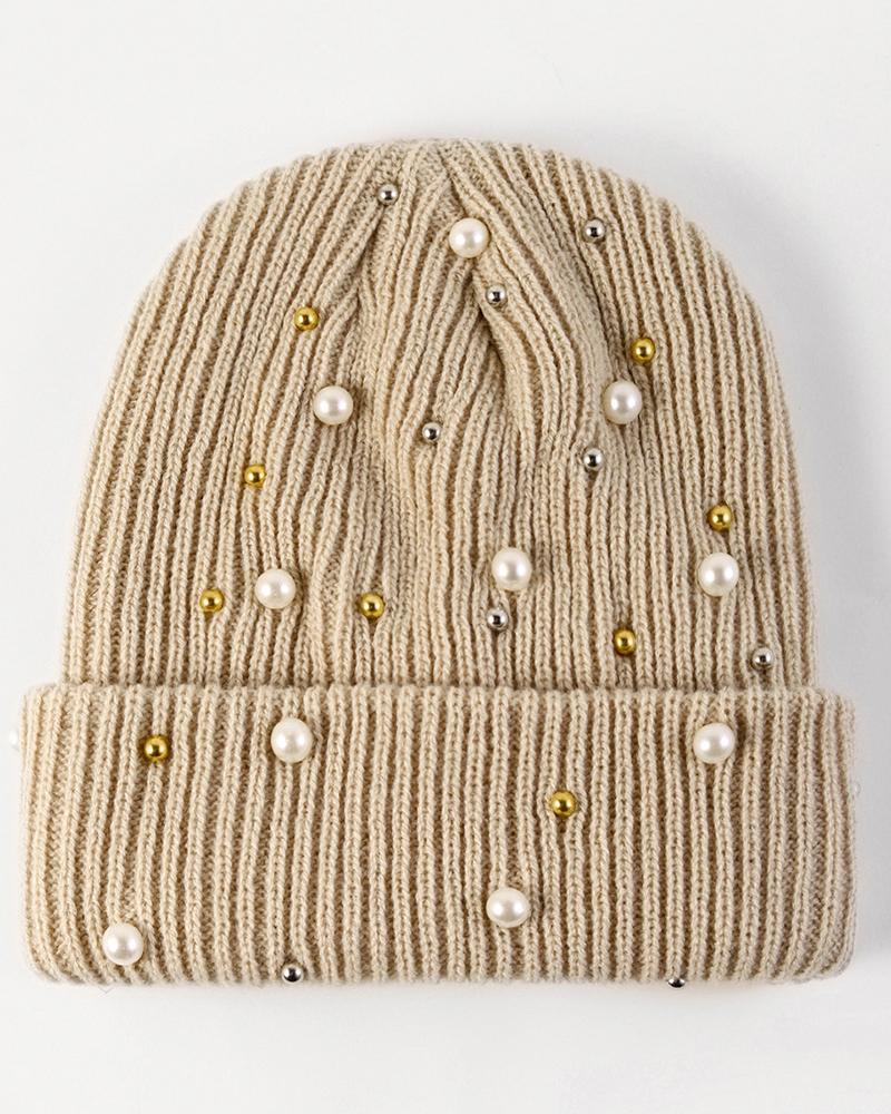 

Beaded Thermal Knit Bennie Hat, Beige
