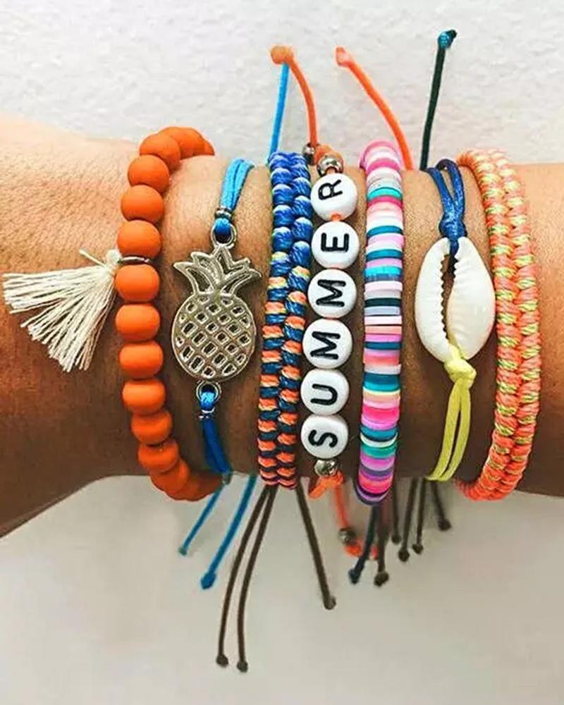 

7pcs Bohemian Tribal Pineapple Conch Braided Beaded Stackable Bracelets Set, Multicolor