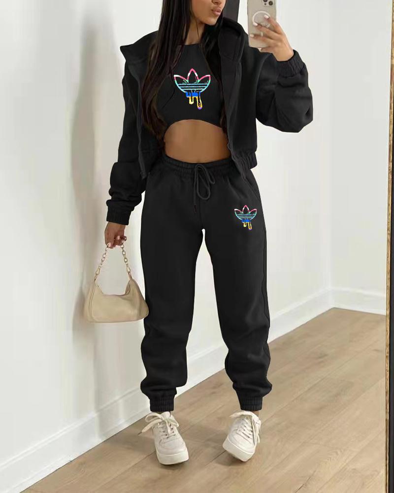 

3PCS Graphic Print Crop Tank Top & Pants Set With Coat, Black