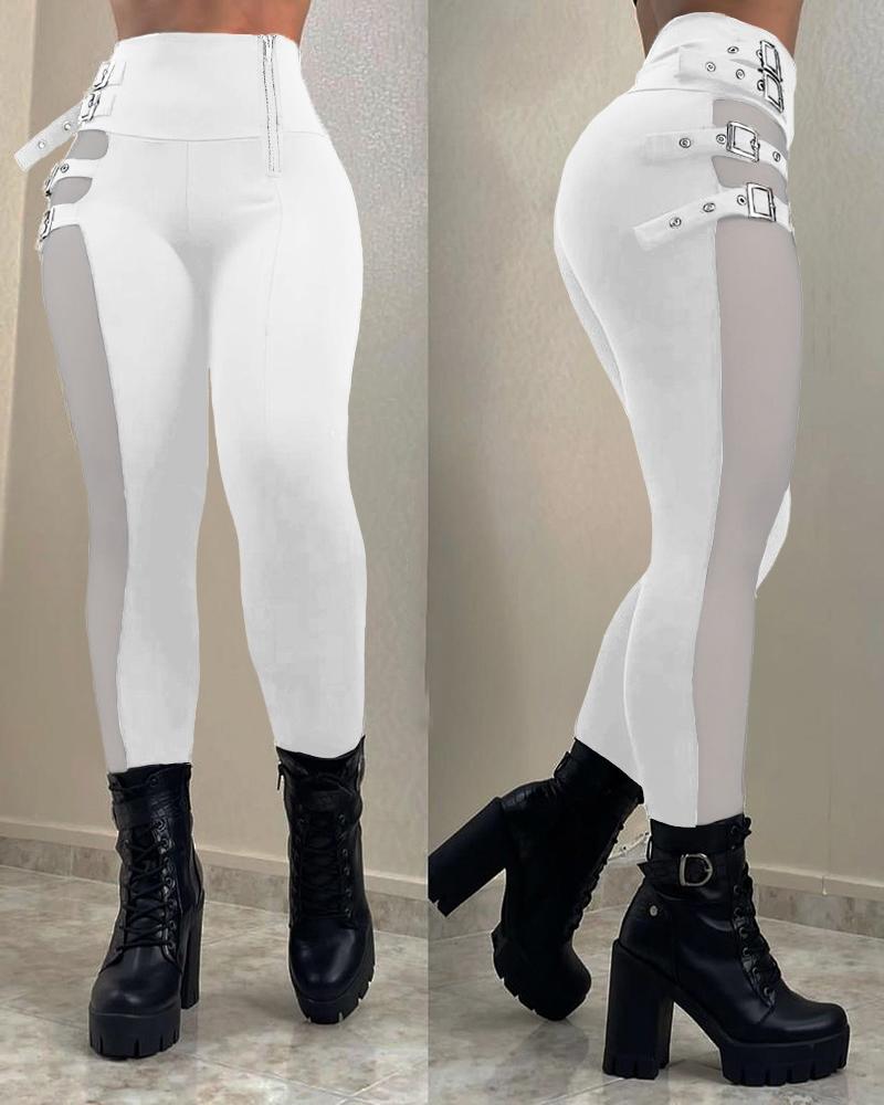 

Mesh Patch Buckled High Waist Pants, White