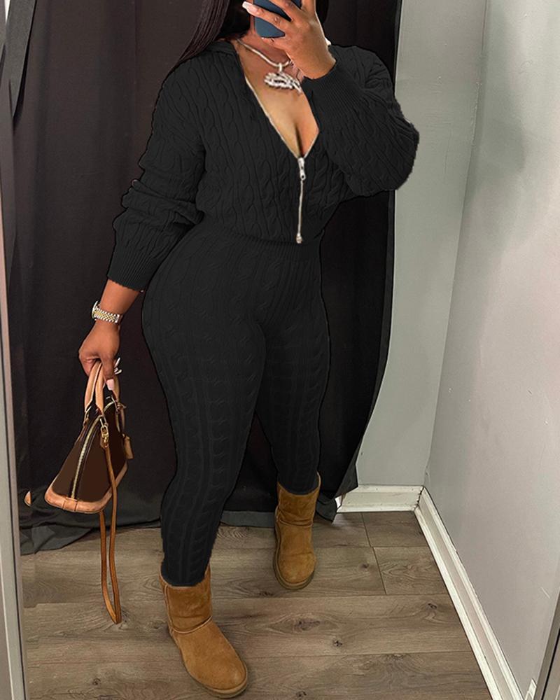 

Braided Knit Hooded Sweater & High Waist Pants Set, Black