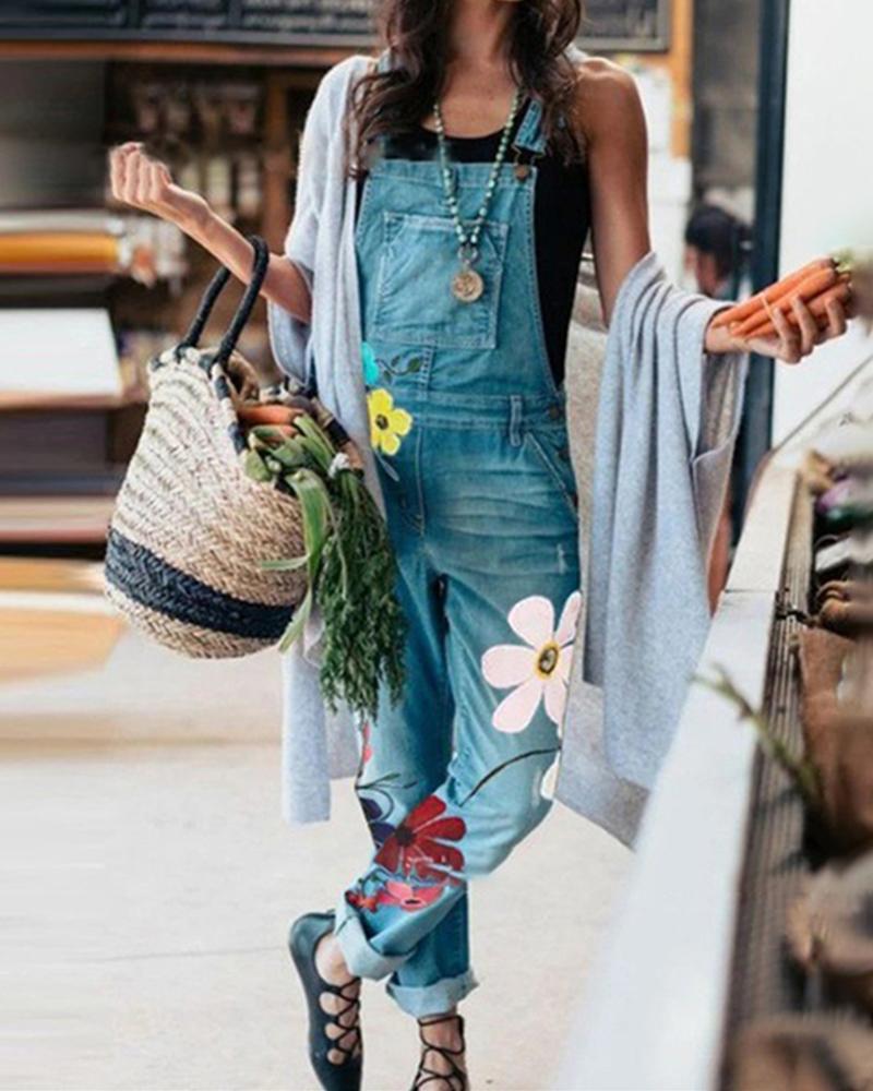 

Floral Print Pocket Detail Denim Overalls, Sky blue