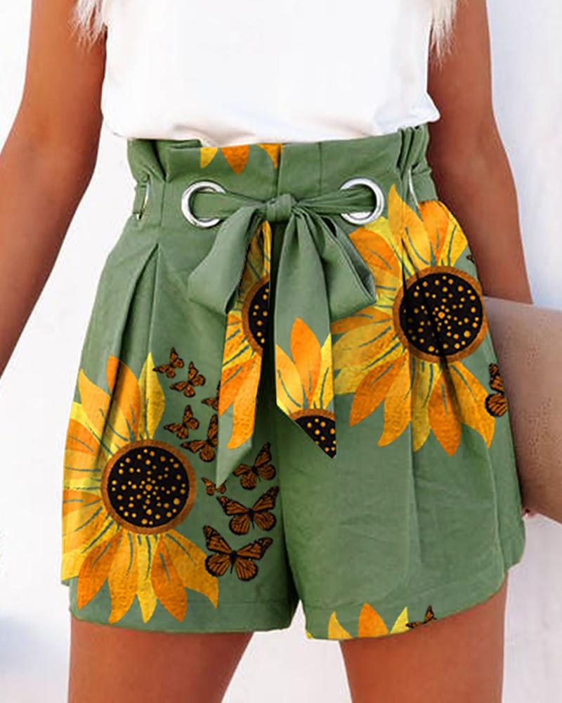 

Eyelet Tied Detail Sunflower Print Shorts, Green