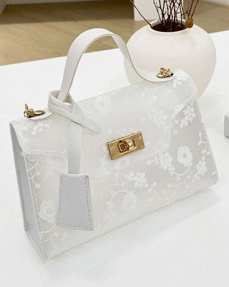 

Floral Embroidery Twist Lock Satchel Bag, Beige