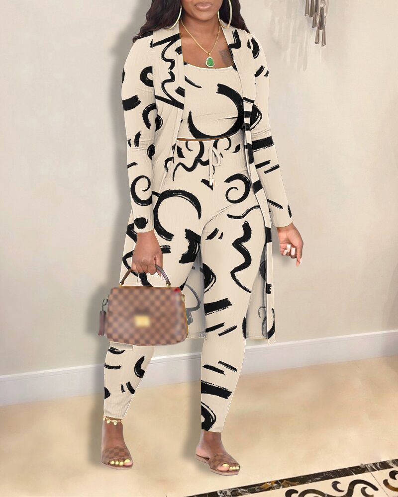 

3PCS Abstract Print Cami Top & Pants Set With Coat, Apricot