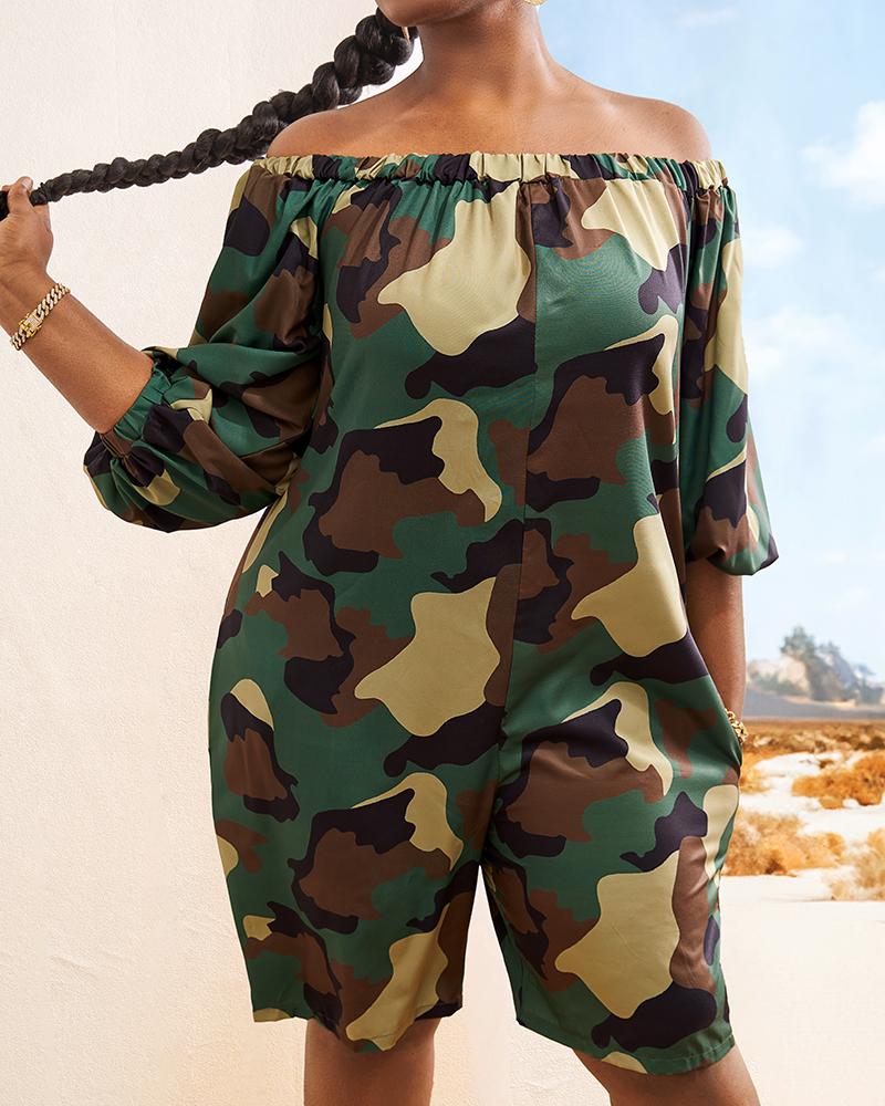 

Combi-short décontracté à épaules dénudées et imprimé camouflage de grande taille, Green