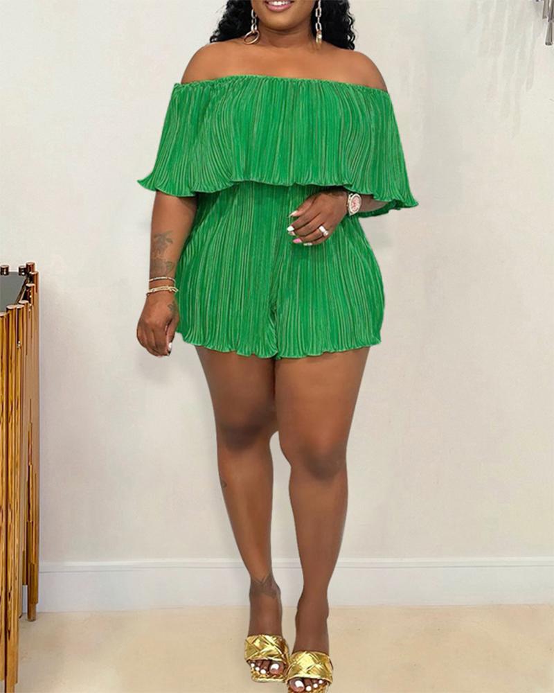 

Off Shoulder Half Sleeve Ruffles Romper, Green