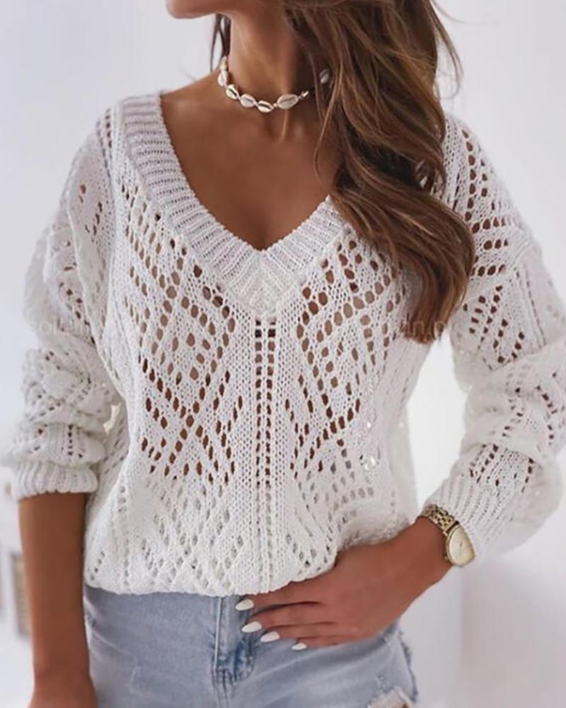 

V Neck Solid Hollow Out Knit Sweater, White