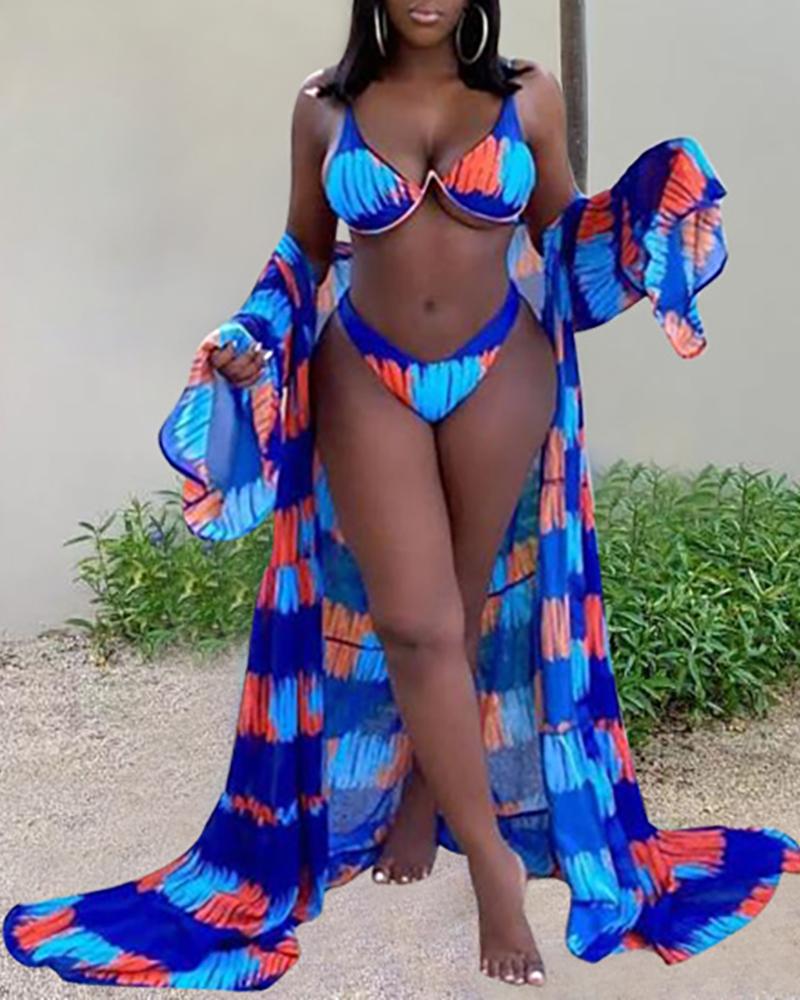 

Tie Dye Print Thick Strap Bikini Set With Cover Up, Blue