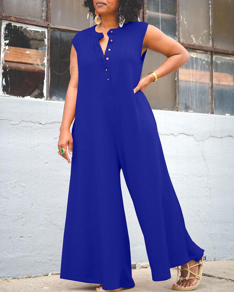 

Plus Size Buttoned Sleeveless Wide Leg Jumpsuit, Blue