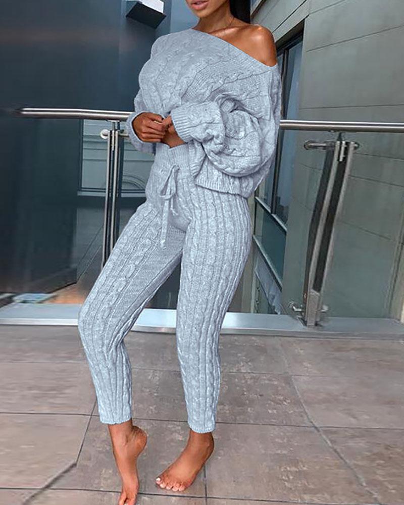 

Braided Sweater & Drawstring Pants Set, Gray