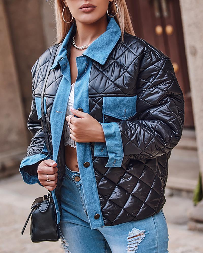 

Quilted Denim Patch Pocket Design Puffer Coat, Black