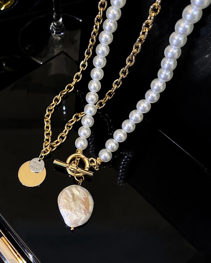 

Disc & Faux Pearl Pendant Beaded Chain Layered Necklace, Gold