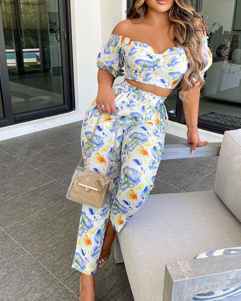 

Floral Print Short Sleeve Cropped T-shirts With Pants Sexy Sets, Multicolor