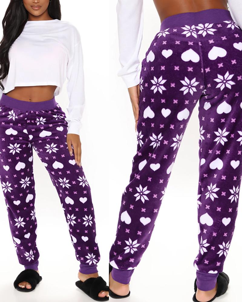 

Christmas High Waist Heart Snowflake Print Lounge Pants, Dark purple