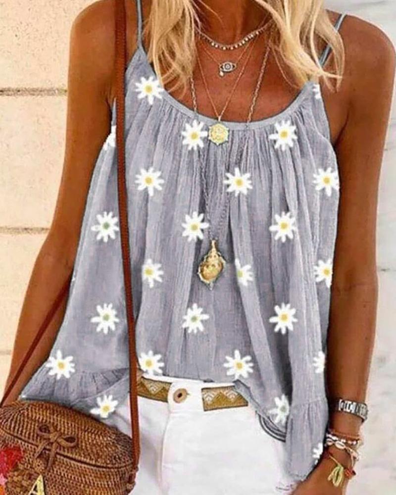 

Daisy Print Ruched Cami Top, Gray