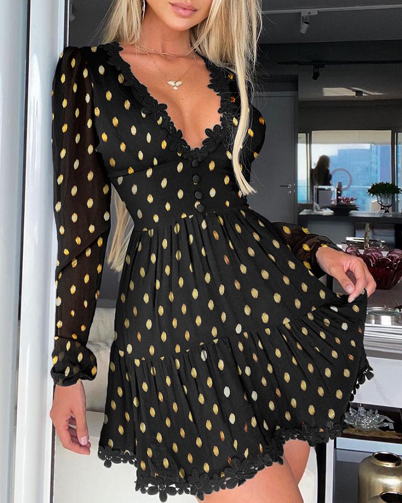 

Polkadot Print Bronzing Lace Trim Dress, Black