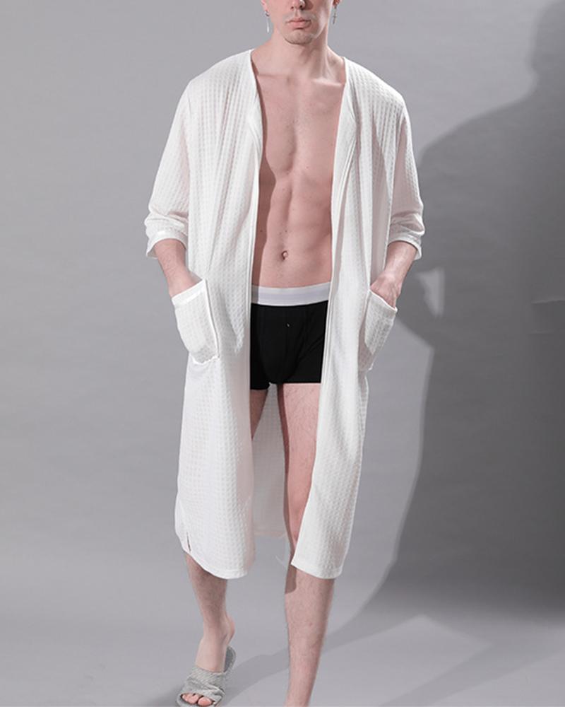 

Solid Color Long Sleeve Bathrobe With Pockets, White