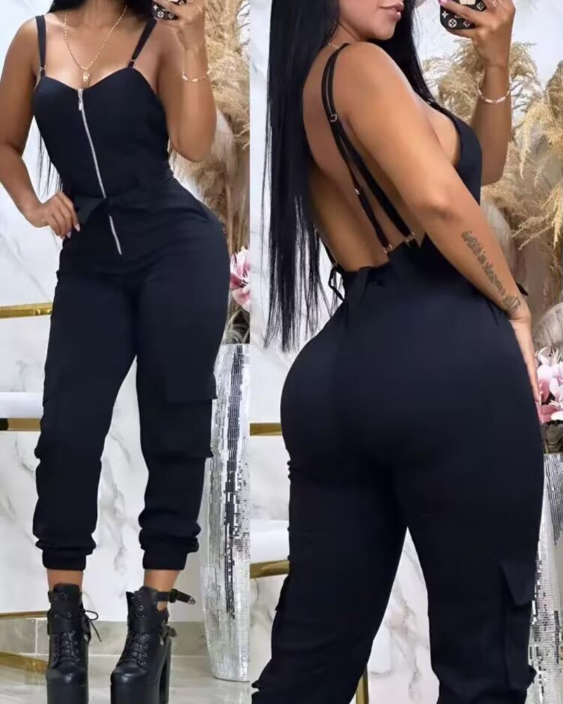 

Crisscross Backless Zipper Design Jumpsuit, Black