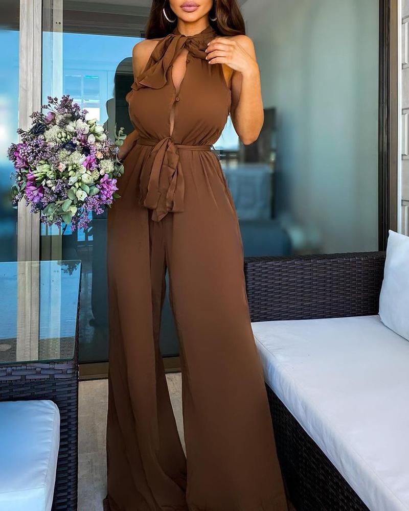 

Tie Neck Sleeveless Plain Jumpsuit, Dark brown