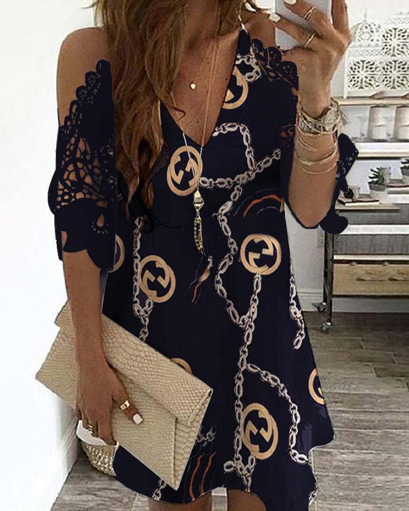 

Chain Print Cold Shoulder Crochet Lace Dress, Blue