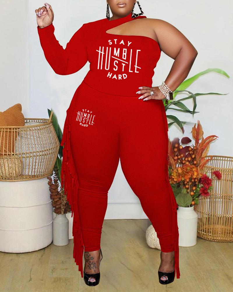 

Plus Size Letter Print Halter Top & Tassel Trim Pants Set, Red