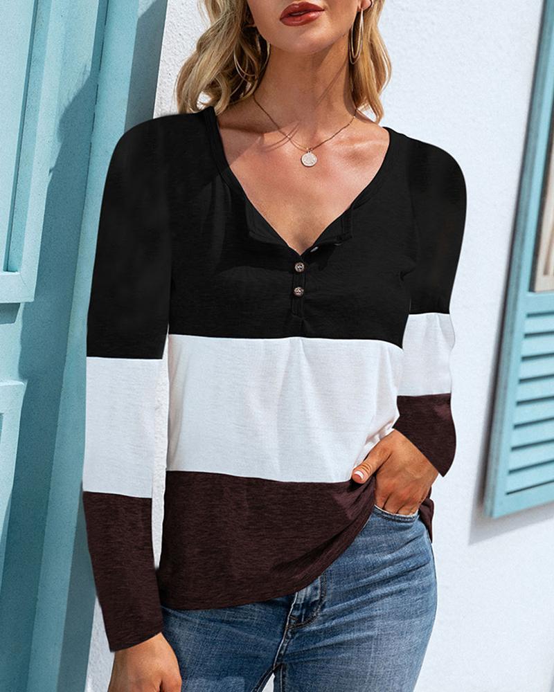 

Colorblock Button Design Long Sleeve Top, Black