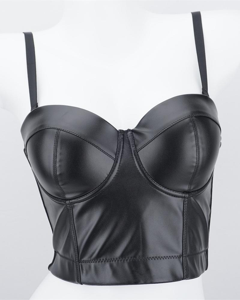 

Buckle Back PU Leather Patch Crop Corset Top, Black