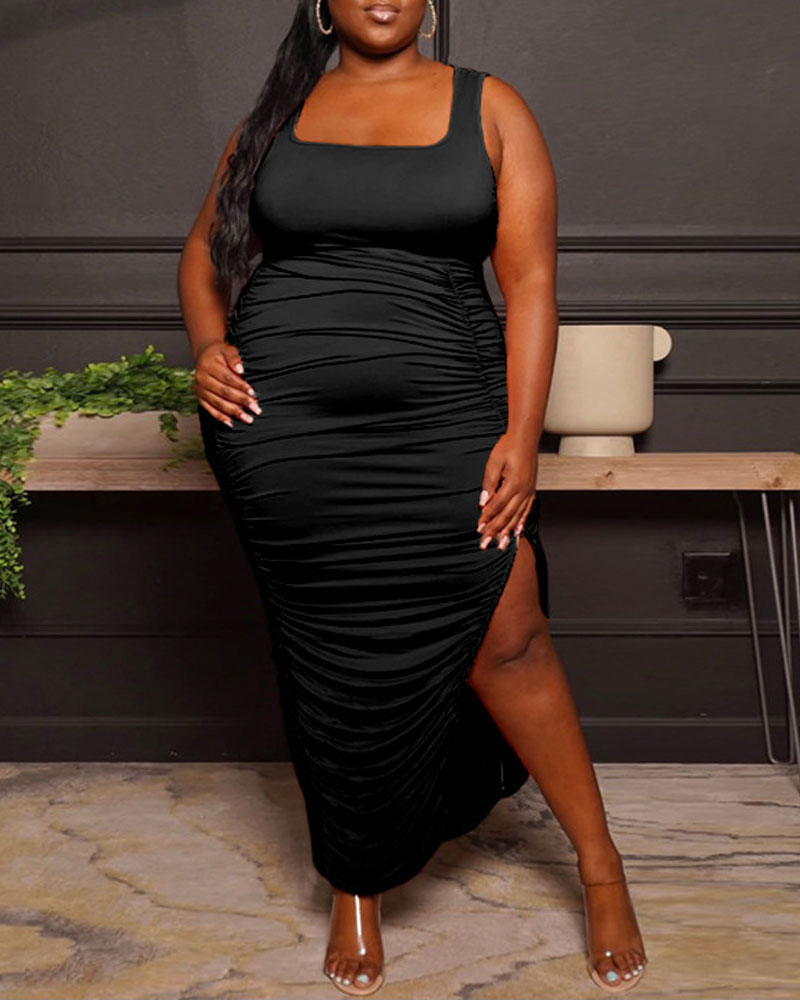 

Plus Size Sleeveless Ruched Split Hem Bodycon Dress, Black