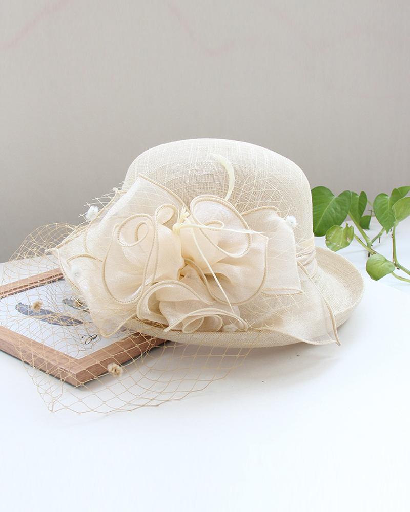 

Feather Fascinator Hat Floral Veil Mesh Dress Hats Wedding Cocktail Tea Party Church Cap, Apricot