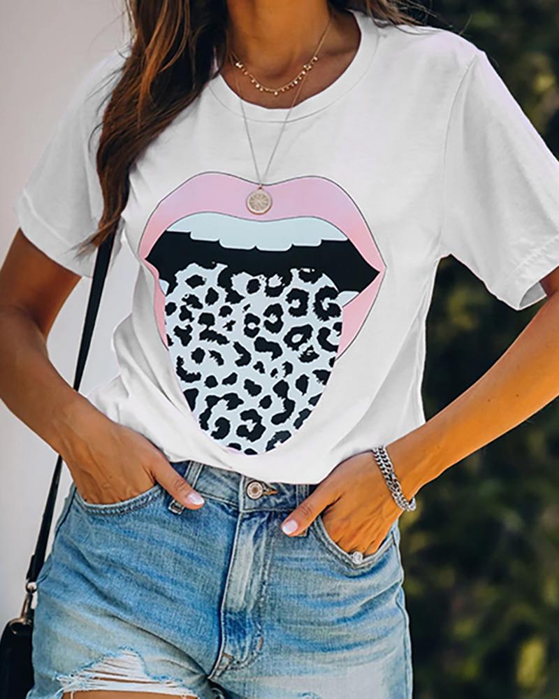 

Leopard Lip Print Short Sleeve T-shirt, White