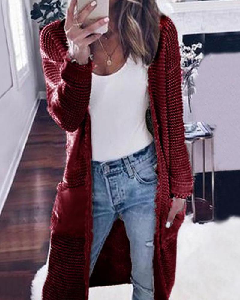 

Long Sleeve Pocket Design Longline Cardigan, Wine red