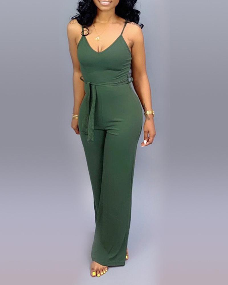 

Spaghetti Strap V-Neck Belted Jumpsuit, Army green