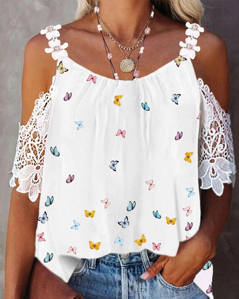 

Butterfly Print Contrast Lace Cold Shoulder Top, White