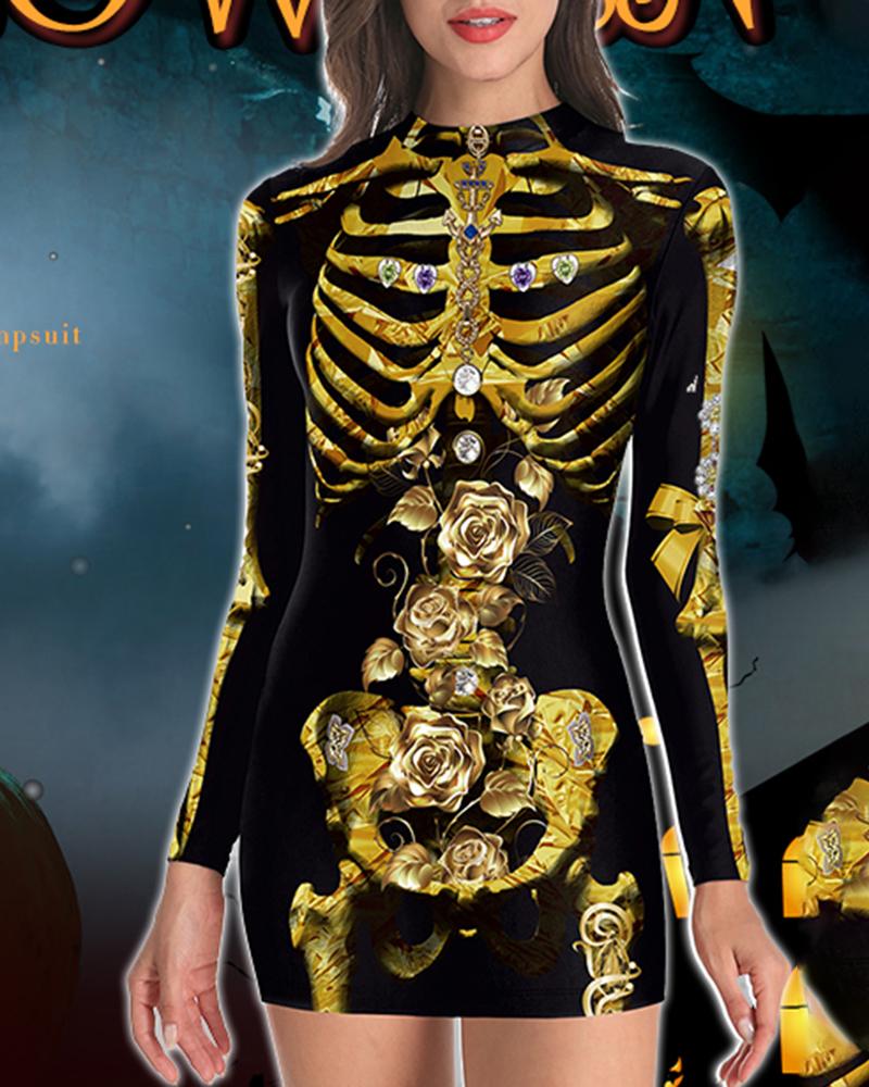 

Halloween Skeleton Rose Print Long Sleeve Dress, Gold